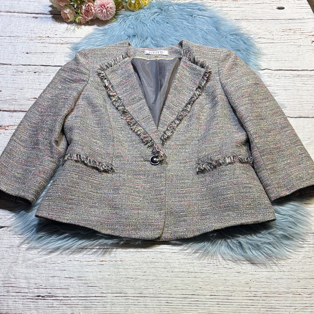 Kasper Pastel Multi Tweed Blazer Jacket with Fringe Trim Sz 12